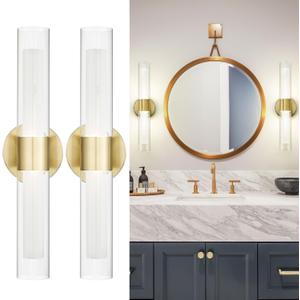 kudos Gold Modern Sconces Wall Lighting, 2Pc Wall Sconces with Clear Glass and Frosted Glass, Modern LED Vanity Light for Bathroom, 3000K/4500K/6000K Adjustable,KDVL06-GD-2-2PK