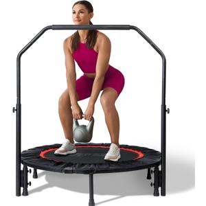 Foldable Mini Trampoline Load 330lbs, 40"/48" Rebounder Trampoline for Adults with Durable Bungee Band and Adjustable Foam Handle for Home Gym, Small Exercise Trampoline for Indoor or Garden Workout (Black & Red)