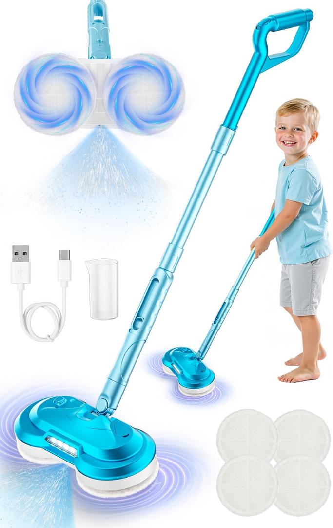 BLAXTEM Kids Electric Spray Spin Mop Toy, Rechargeable Cordless Electric Mop W/ LED Headlight & Water Sprayer for Children Boys & Girls, Cleaning Toy for Pretend Play (Light Blue)