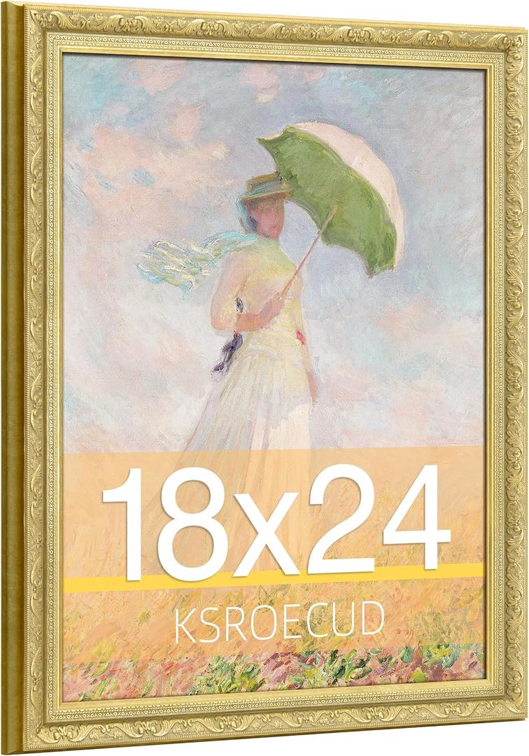 18x24 Picture Frame, HD Real Glass 18x24 Ornate Vintage Photo Frame, 18 by 24 Oil Painting Poster Frame with Vintage Gold Border and Distressed Rust-Like Finish, Horizontal & Vertical Display for Tabletop or Wall Decor (1 Pack）