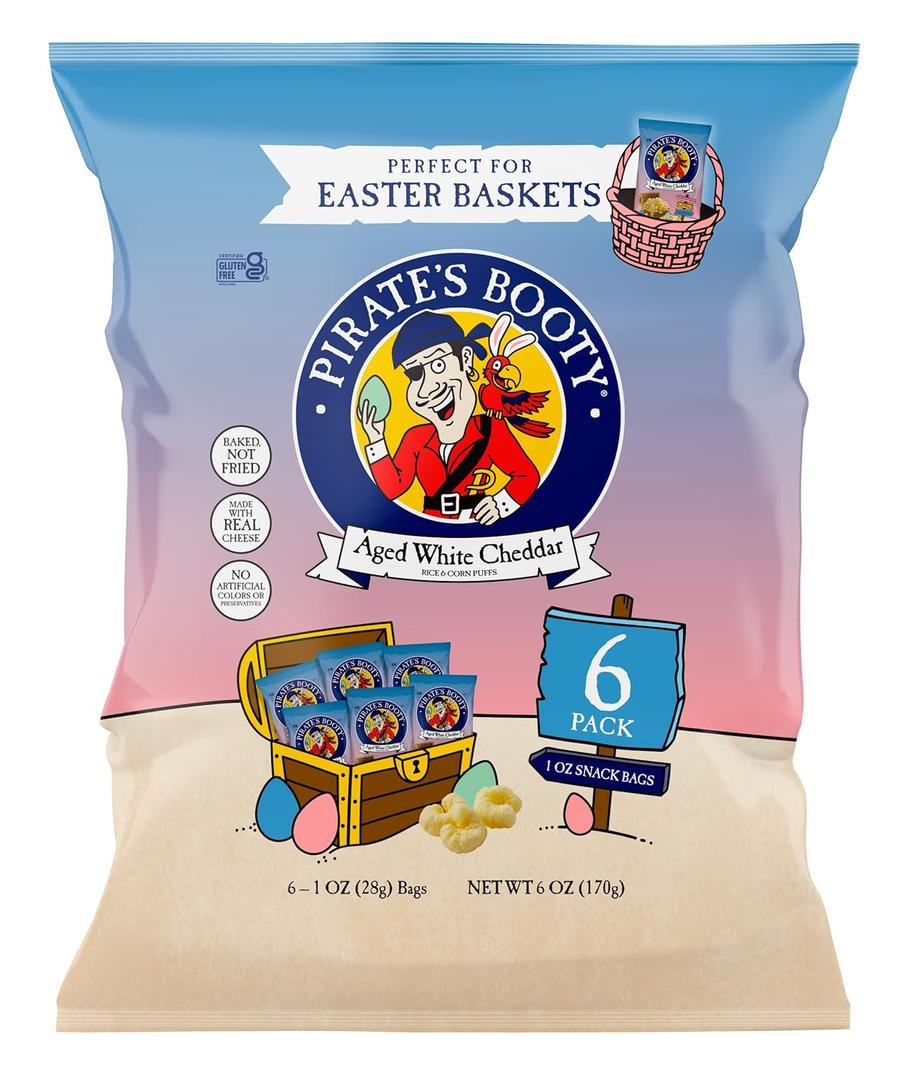 Pirate's Booty Aged White Cheddar Cheese Puffs, Gluten-Free, Kids Snacks, Easter Snack, 1oz (6ct), Best By:09/01/25