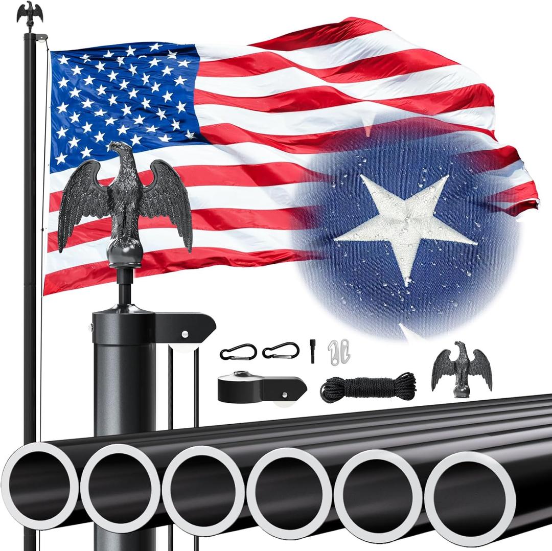 Heavy Duty Flag Poles for Outside House Inground, 20FT 12 Gauge Extra Thick Aluminum Flag Pole Kit, High Wind Resistance with Embroidered American Flag for Residential, Commercial