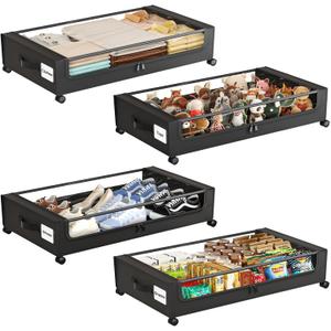 Under Bed Storage with Wheels,Under Bed Storage Containers with Clear Lids, Under-Bed Organizers for Clothes, Shoes  Durable Storage Bins with Smooth Rolling Wheels (Black, 4 Pack)