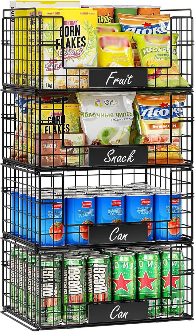 JKsmart 4 Pack XXL Stackable Wire Baskets with Handles for Pantry Storage and Organization,Fruit and Vegetable Basket with Name Plates,Metal Storage Bins for Snack Can Fruit Veggies (XXL-16.34"x12.01"x31.48")