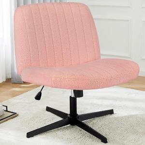 Armless Desk Chair, Criss Cross Chair No Wheels, Fabric Padded Desk Chair, Modern Swivel Height Adjustable Office Chair with Wide Seat for Home, Office, Make Up, Bed Room -Pink