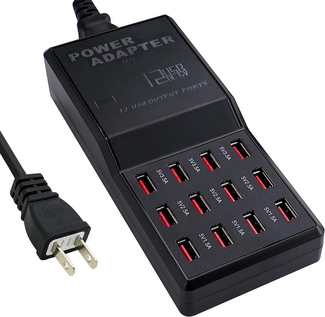 65W 12-in-1 USB-C Charging Station for iPhone 16 Pro/Max, MacBook Pro/Air, iPad Pro | 12 USB-A Ports Desktop Charger, 5ft Flat Power Cord | Home & Office Use
