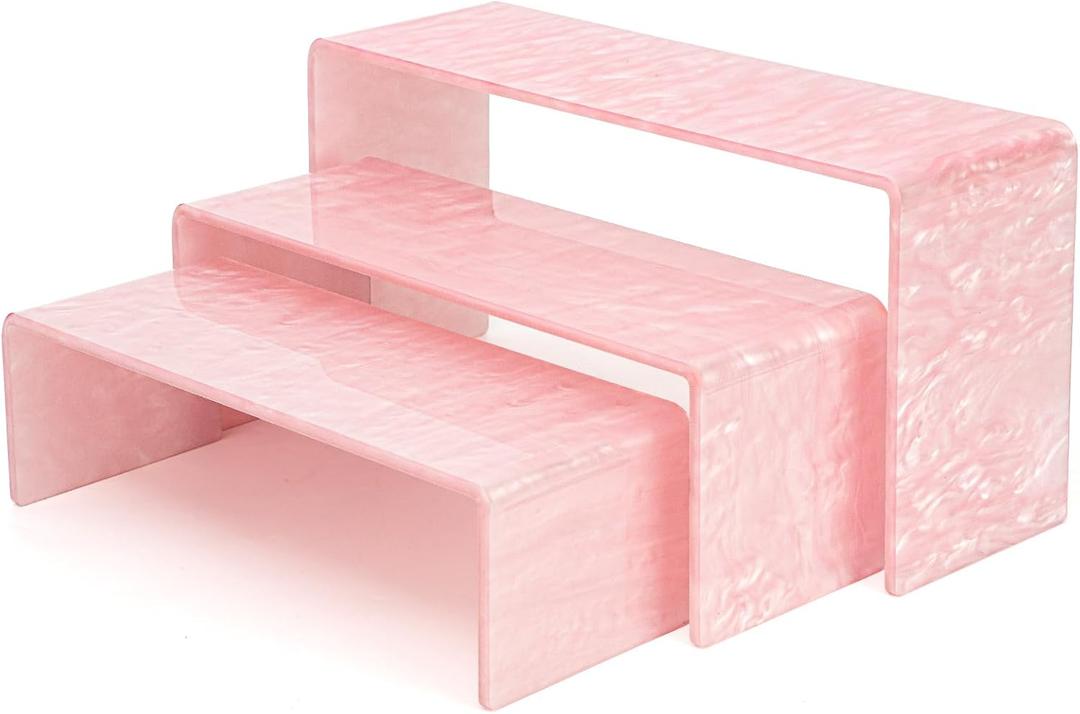 Pink Acrylic Risers Display Stand - 3 Tier Stand For Pop Figures , Rainbow Cupcake Stand , Rectangle Shelf , Perfume Organizer , Dessert Stand (1 set)