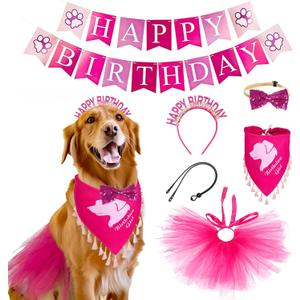 Dog Birthday Party Supplies Set - Happy Birthday Banner, Bandana, Bow Tie, Hairband, Tutu Skirt - Complete Decorations for Your Pup's Celebration(Pink)
