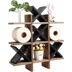 GENMOUS Handmade Tic Tac Toe Toilet Paper Holder Stand with 4pcs Wooden X, Funny Wall Mounted Toilet Papers Storage with Shelf, Farmhouse Paper Roll Storage for Guest Bathroom or Toilet Dcor (Brown, Black)