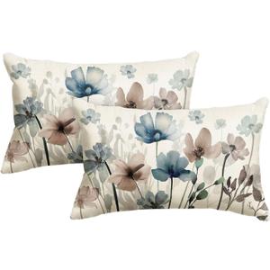 AVOIN colorlife Poppy Flowers Chinoiserie Throw Pillow Covers, 12 x 20 Inch Blue Brown Seasonal Leaves Cushion Case Decoration for Sofa Couch Set of 2