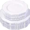 WDF 100pcs Silver Plastic Plates - High-end Baroque Design - Heavy Duty White &Silver Plates for Christmas Upscale Parties &Wedding