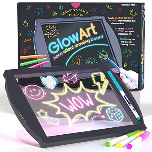 Marvin's Magic - Glow Art - LED Doodle Board for Children - Light Up Drawing Pad, with Glow In The Dark Colouring Pens - Battery Powered Magic Drawing Tablet - Light Up Tracing Pad Suitable for 5+, Black Glow Art Board