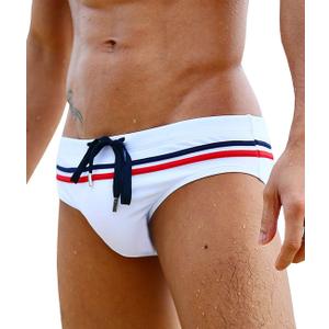 MIZOK Men's Sexy Low Rise Swim Briefs Stripe Swimming Bikini Swimsuit (Large, White)