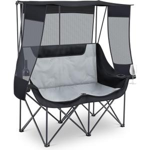 Teenyyou Double Camping Chair with Canopy Shade 660lbs Heavy Duty Beach Chair, Portable Folding 2 Person Camping Loveseat with Cup Holder and Storage Bag for Lawn Beach Outdoor Sport(Black and Grey), 47.2 x 20 inches