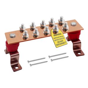 Copper Grounding Bar Kit - 7.8" Copper Bus Bar with 10 Terminal Positions and UL Material BusBar Insulator (7.88"*2" 600A)