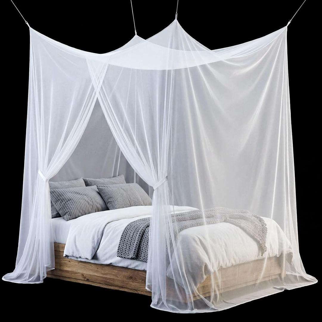 Frienda Bed Mosquito Net Rectangular Canopy Drapes with Hook Nylon Rope for Single Twin Full Queen King Size Bed Camping Outdoor Travel(White,Queen)
