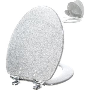 Toilet Seat Resin Elongated Silver Glitter Slow Quiet-Close Heavy Duty Decorative Acrylic Seats for Standard Toilets, Easy to Install also Easy to Clean (19 Inch, Silver Glitter, Upgraded hinge)
