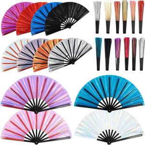 OMISTAR 12PCS Large Folding Fan, Iridescent Clack Rave Fans Bulk, PVC Foldable Fans for Craft Holding Laser Outfits Women Men Outfit Club Line Dancing