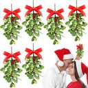 6 Pieces Artificial Mistletoe Picks Christmas Mistletoe Ornament with Red Bow Holiday Mistletoe Branches with Red Berries Xmas Tree Hanging Kissing Mistletoe Ornament for Couple Home Party Decor