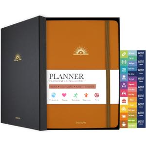 Undated Weekly & Monthly Planner, Life Organizer & Productivity Journal, Goals Setting & Time Management, Gift Box Included, A5 Hardcover Leather with Stickers (Brown)