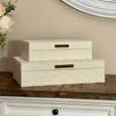 Set of 2 Ivory Boucl Fabric Decorative Boxes with Wooden Handles, Modern Jewelry Boxes, Storage Boxes, Keepsake Boxes, Photo Memory Organizer, 14.2x8.6x3.5in