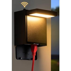 LED Outdoor Wall Light with GFCI Outlet,Dusk to Dawn Modern LED Outdoor Porch Light with Two Outlet Built-in,3000K Warm Yellow Outdoor Sconce,IP66 Waterproof Wall Mount External Security(Dusk to Dawn) (Small-Dusk to Dawn)