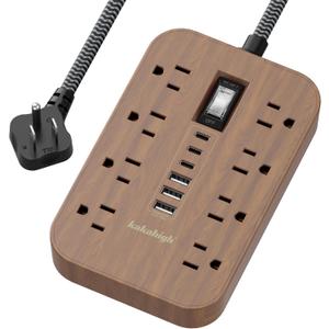 Walnut Power Strip with USB Ports - 5 FT Wood Power Strip, 1625W Decorative Extension Cord with 6 AC Outlet 3 USB, for Brown Tan Wood Walnut Grain Aesthetic Vintage Rustic Desk Accessories Decor