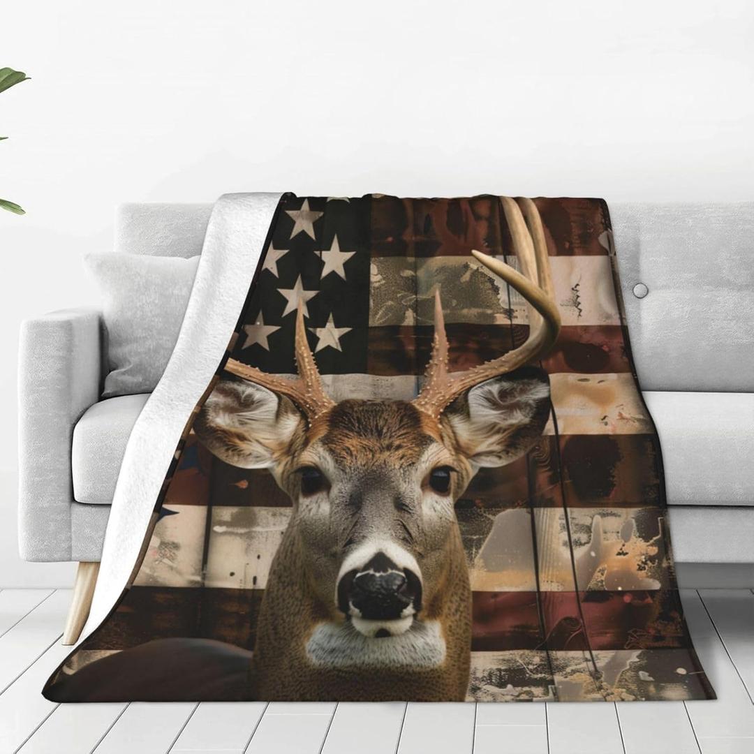 Deer American Flag Blanket Throw Blanket Flannel Lightweight Soft Plush Fuzzy Blankets for Bed Sofa Couch Livingroom Chair Car Travel Pet 50"x40"