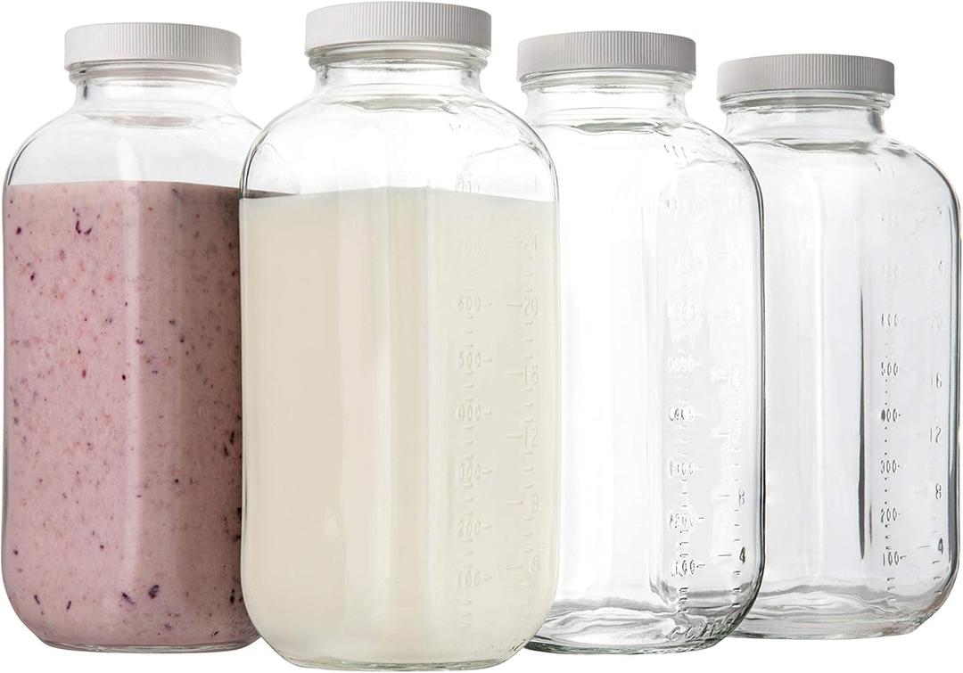 Kitchentoolz 32 oz Square Glass Bottles with Plastic Airtight Lids 4 Pack for Milk, Smoothies, Water, Kombucha, and Broth Storage