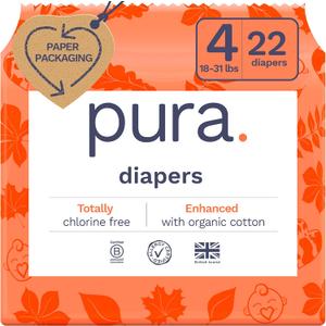 Pura Size 4 Eco-Friendly Diapers (18-31lbs) Totally Chlorine Free (TCF) Hypoallergenic, Soft Organic Cotton, Sustainable Comfort, up to 12 Hours Leak Protection, Allergy UK, 22 Diapers (Pack of 1)
