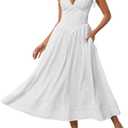 Women's Summer Wedding Guest Corset Midi Dress V Neck Flowy A Line Sundress Casual Dresses with Pockets (White, M)