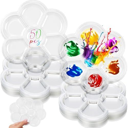 AmazingSpark 50 Pcs Paint Tray Palettes 5.5 in Clear Disposable Flower Petal Plastic Paint Palette Bulk Watercolor Craft Supplies for Art Class, DIY Craft, Painting Party, Birthday Party