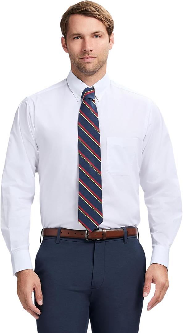 Izod Mens Dress Shirt Regular Fit Long Sleeve Wrinkle Free Stretch Button Down Collar (18"-18.5" Neck 34"-35" Sleeve, White)