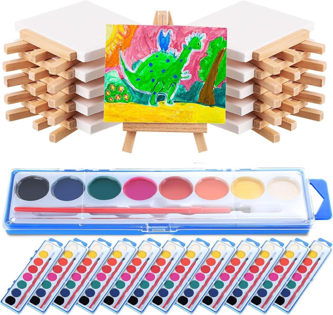 Fuutreo 24 Pcs Watercolor Paint Sets 3x4 Mini Canvas Easel Paints Brush Set Art Party Favors and Party Supplies Watercolor Paint Favors Washable Bulk for Birthday Prizes