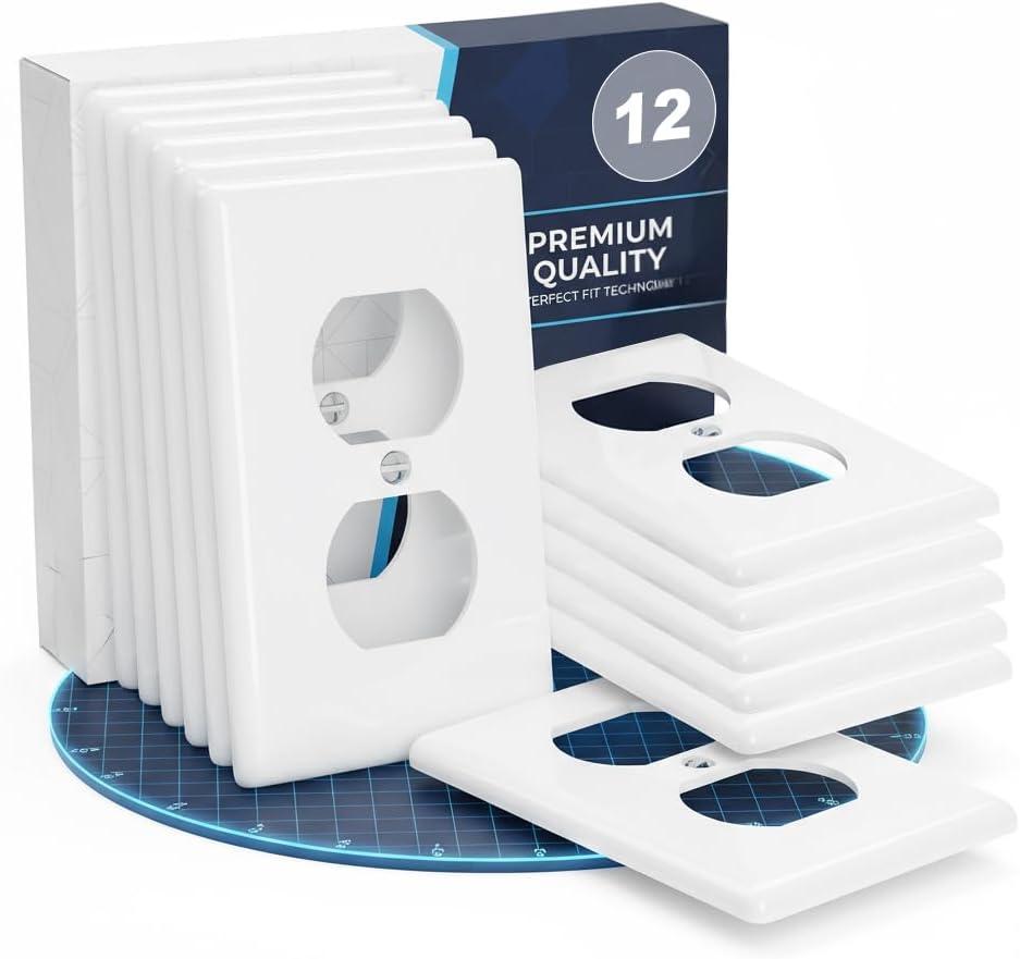 Bates- Duplex Receptacle Outlet Wall Plate, 4.5" x 2.75"/Standard Size, 12 Pack, White, Bulk 1-Gang Electrical Outlet Covers, Impact Resistant, UV Protection