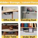2 Pack Under Desk Hanging Shelf Drawer Organizer, Attachable Plastic Hidden Storage Tray, Easy Adhesive Mount Holder for Standing Tables, Office, Counters, Cabinets, Workstations - Black