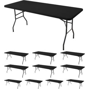 Fitted Tablecloth for 8 Foot Rectangle Tables-10 Pack Black Elastic Outdoor Picnic Table Cover-Spandex Stretch Folding Table Cloths 8ft for Camping Dining Room Patio Kitchen Banquet Party