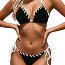 Zojuyozio Women Two Piece Bikini Swimsuit Color Block Bathing Suits Halter Triangle String Bikini Sets (Medium, Black)
