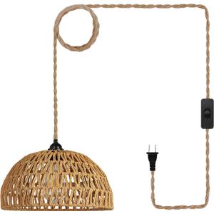 Boho Plug in Pendant Light: Rattan Hanging Lamp with 14.7ft Plug in Cord, Adjustable Height Hand Woven Hanging Light Fixture for Living Room, Bedroom, Dining Room, Kitchen, E26 No Bulb