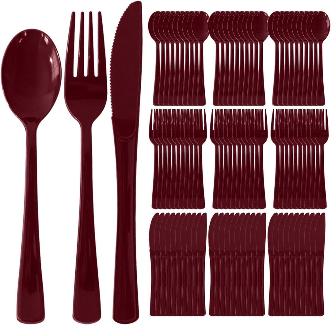 300 Pack Disposable Plastic Silverware, Heavy Duty Burgundy Plastic Cutlery Set Includes 100 Forks 100 Knives 100 Spoons for Birthday Wedding Party Picnics (300, Burgundy)