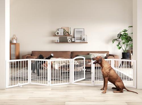 JSB 144-inch Extra Wide 30-inch Tall Dog gate with Door Walk Through, Freestanding Round Tube Pet Gate for Halls Stairs, Puppy Safety Dog Fence with 2PCS Support Feet (White)