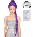 Wiggy Mermaid Long Purple Braided Wig + Tattoos Stickers Prop for Women Purple Base Wig with Braids Ponytail Pigtail Clip + Cap for Stage Party Halloween Costume Cosplay