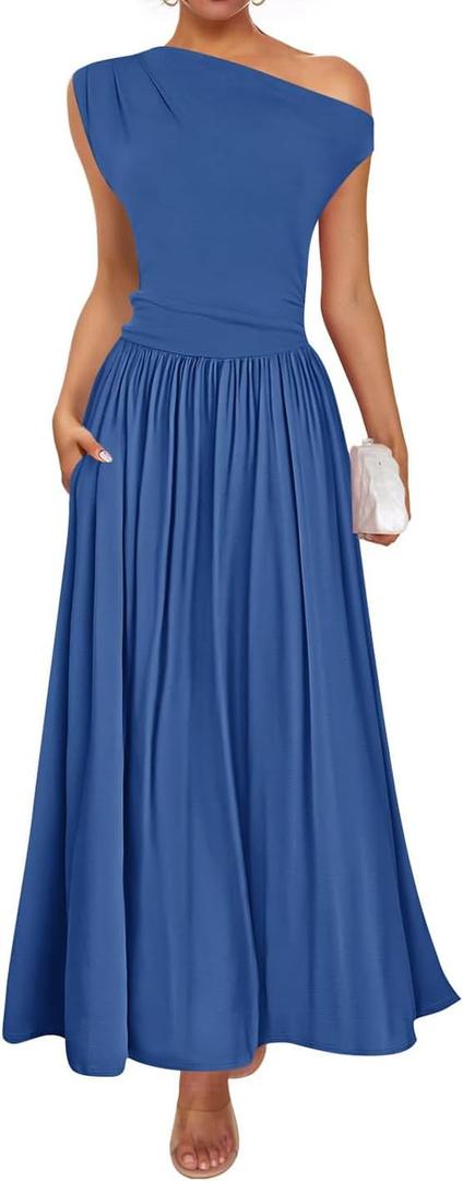 ZESICA Women's Summer 2026 Sleeveless Maxi Dress One Shoulder Casual Slim Swing Pleated Formal Dresses with Pockets (Blue, L)
