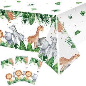 Jungle Safari Party Tablecloth Wild One Tablecloth Animal Print Table Cover Sage Green Baby Shower Decorations Zoo Plastic Table Cover for Boys Kids Birthday Decoration Supplies, 108 x 54 Inch (3 Pcs)