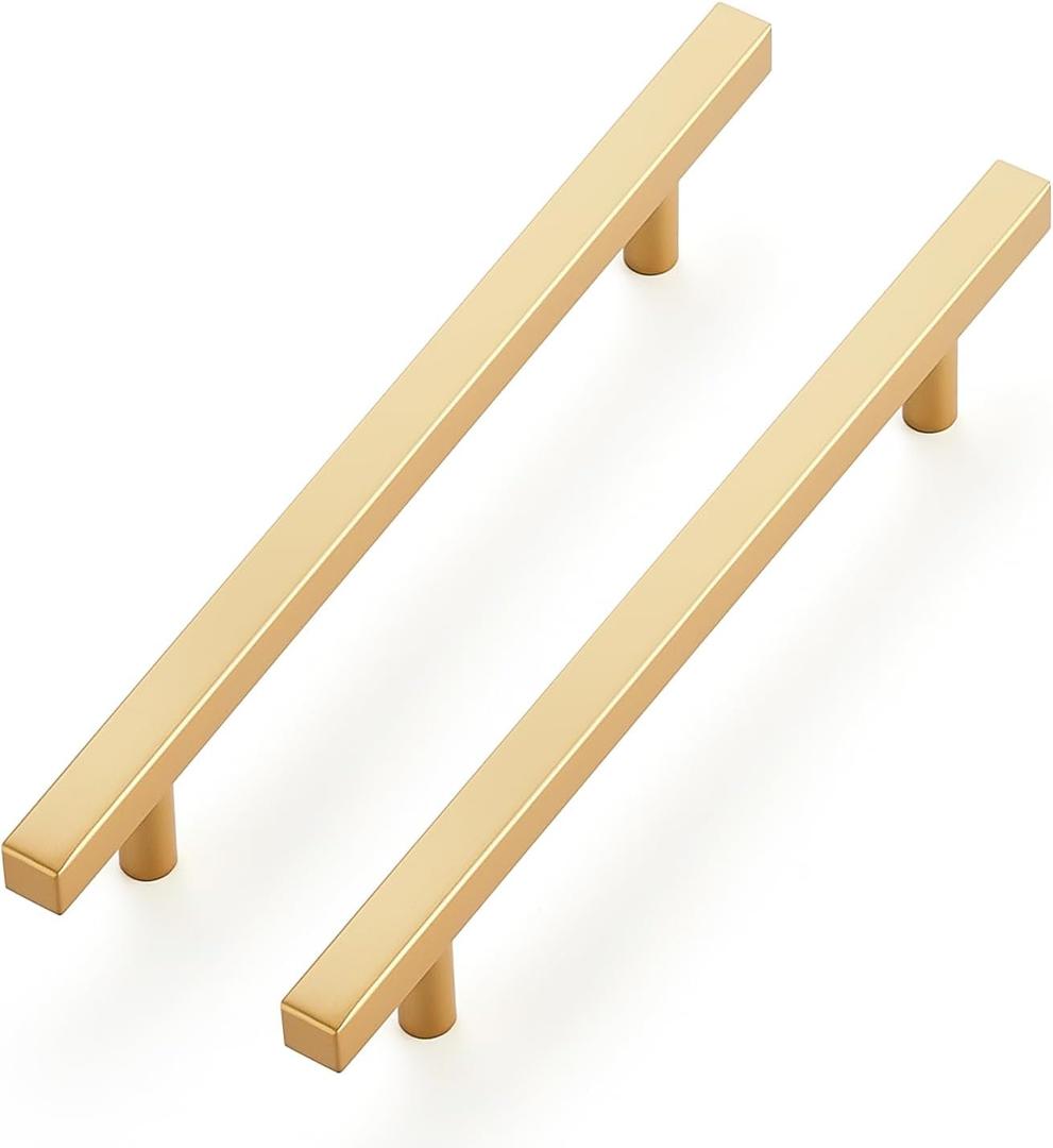 Ravinte 5 Pack Brass 6-1/4 Inch Hole Center Champagne Gold Handles Square Cabinet Hardware Stainless Steel Pulls for Kitchen Cupboard Drawers 8-3/4 Inch Overall Length