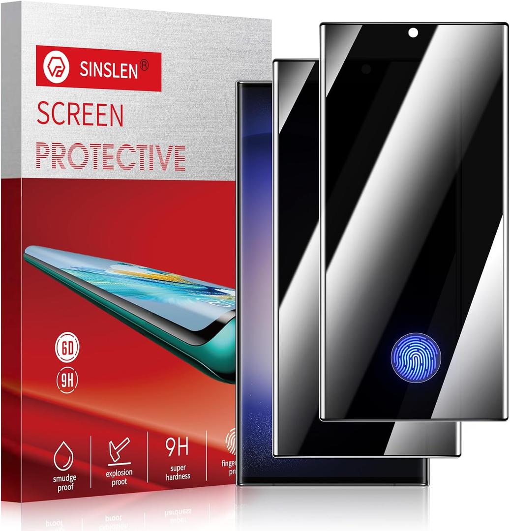 【2pack】SINSLEN Privacy Screen Protector for Samsung Galaxy S23 Ultra Tempered Glass Anti-Spy 9H Hardness Film for Samsung Galaxy S23 Ultra 6.8”, 3D Curved Edge Easy Install Support Fingerprint Unlock