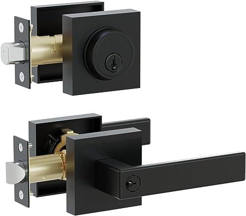 Front Door Lock Set,Keyed Alike Heavy Duty Exterior Door Lock Set,Entry Door Handle and Single Cylinder Deadbolt Combo for Office and Home Security, Reversible for Right and Left Side, Matte Black
