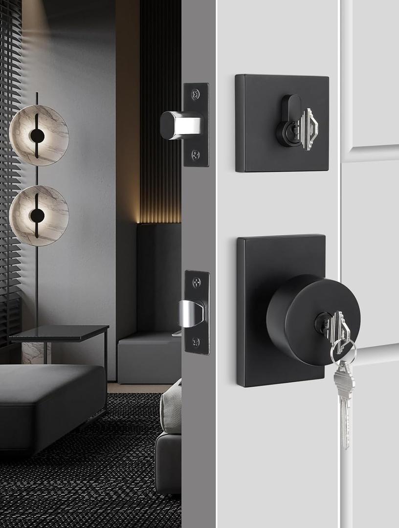 goldenwarm Black Exterior Door Knob with Deadbolt, Square Keyed Alike Matte Black Exterior Door Lock Set with Deadbolt, Heavy Duty Front Entry Door Locksets with Deadbolt(1 Pack)