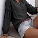 Womens V Neck Button Down Tops Puff Long Sleeve Tunic Blouse Dressy Loose Fit Basic T Shirt Business Casual Work Tops (L)