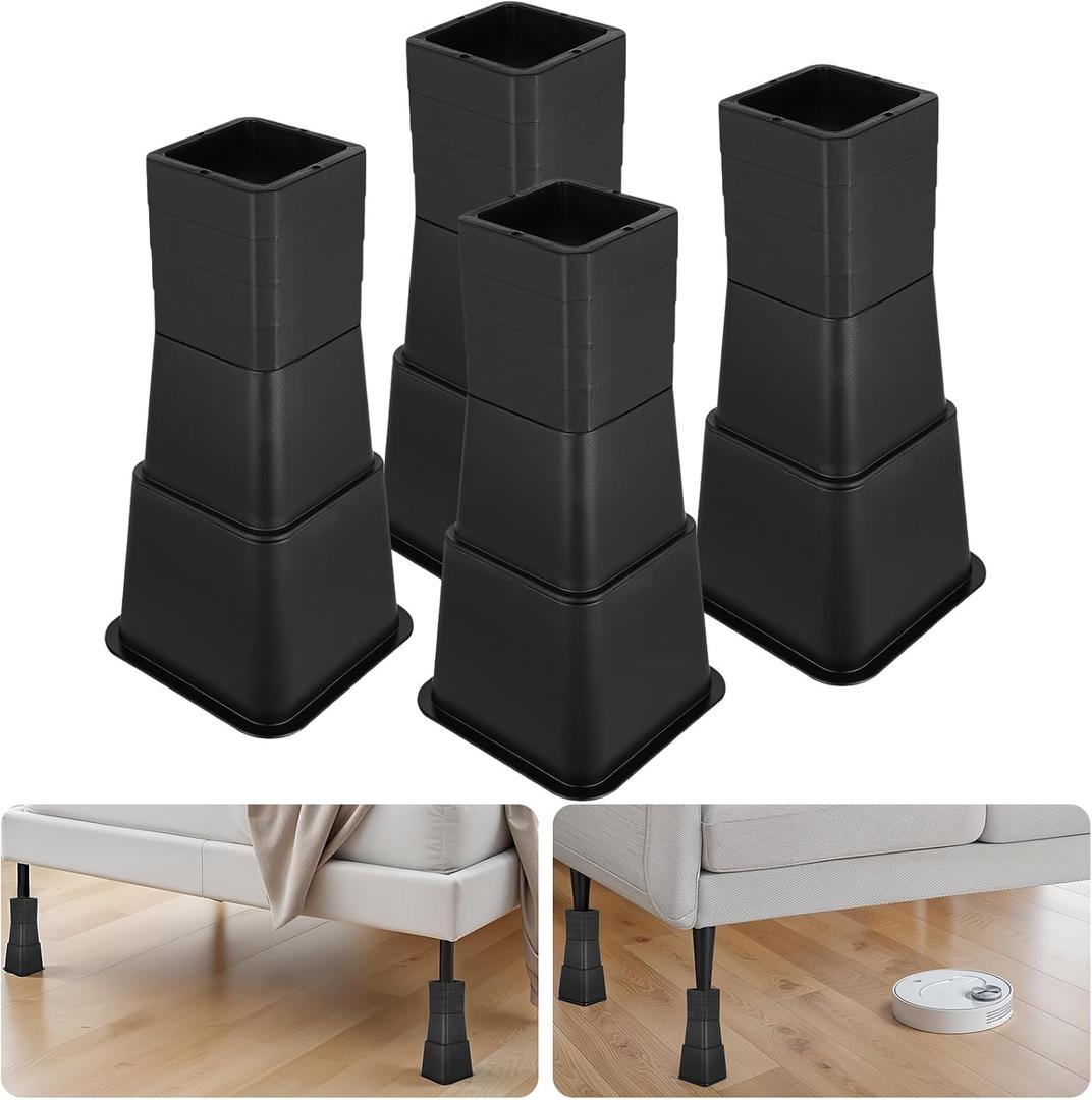 12 inch Bed Risers Heavy Duty, Adjustable Oversized Furniture Risers Blocks lifts for Couch Table Desk Sofa Dresser, Refrigerator, Washing Machine Support up to 1500 Lbs (Set of 4, Black)